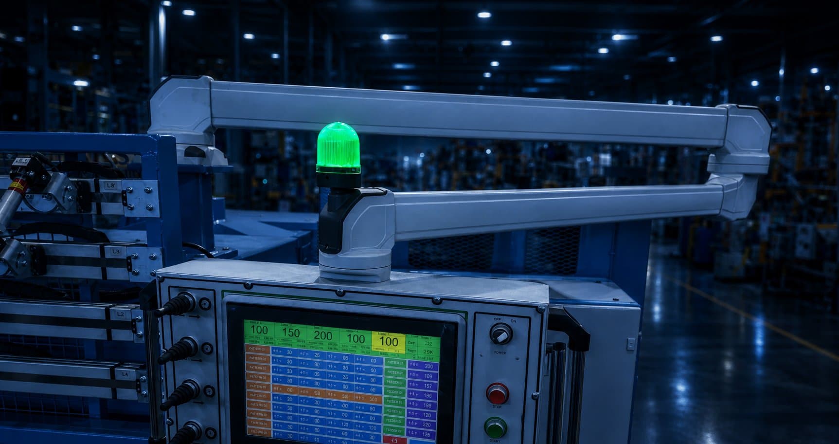 Illuminated HMI panel on a support arm during a night shift